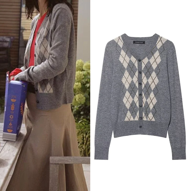 

Women's Jacket 2025 New Fashion Autumn Winter Color-Block Argyle Long-Sleeve Knitted Jacket for Women Casual Chic Ladies Top