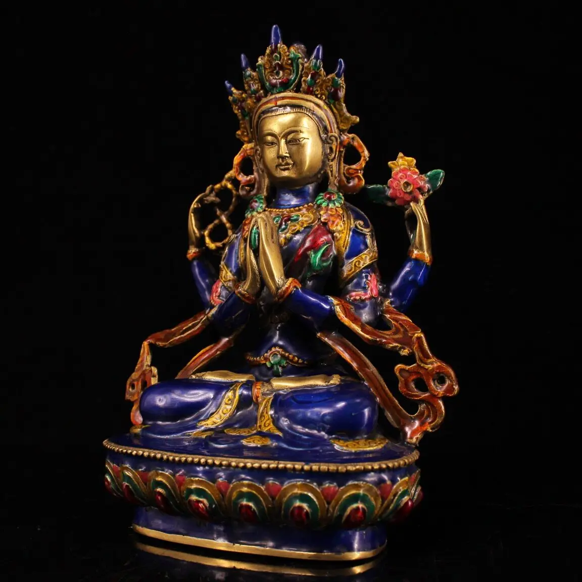 Tibetan Pure Copper Cloisonné Four Armed Avalokiteshvara Statue Enamel Painted Home Decor Gift