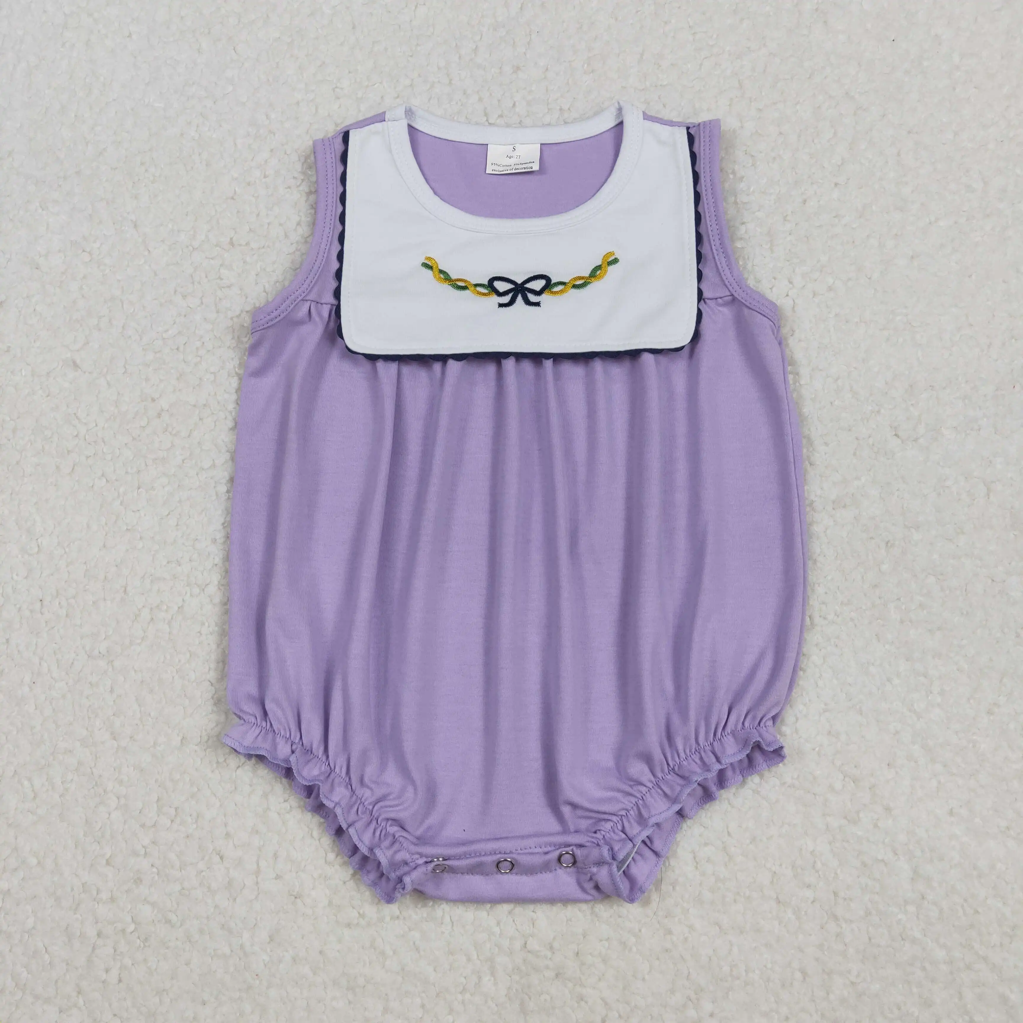 

Baby Girl Embroidery Bows Sleeveless Mardi Gras Ruffle Romper Purple Bow Detail Madi Gras Outfit for Infants