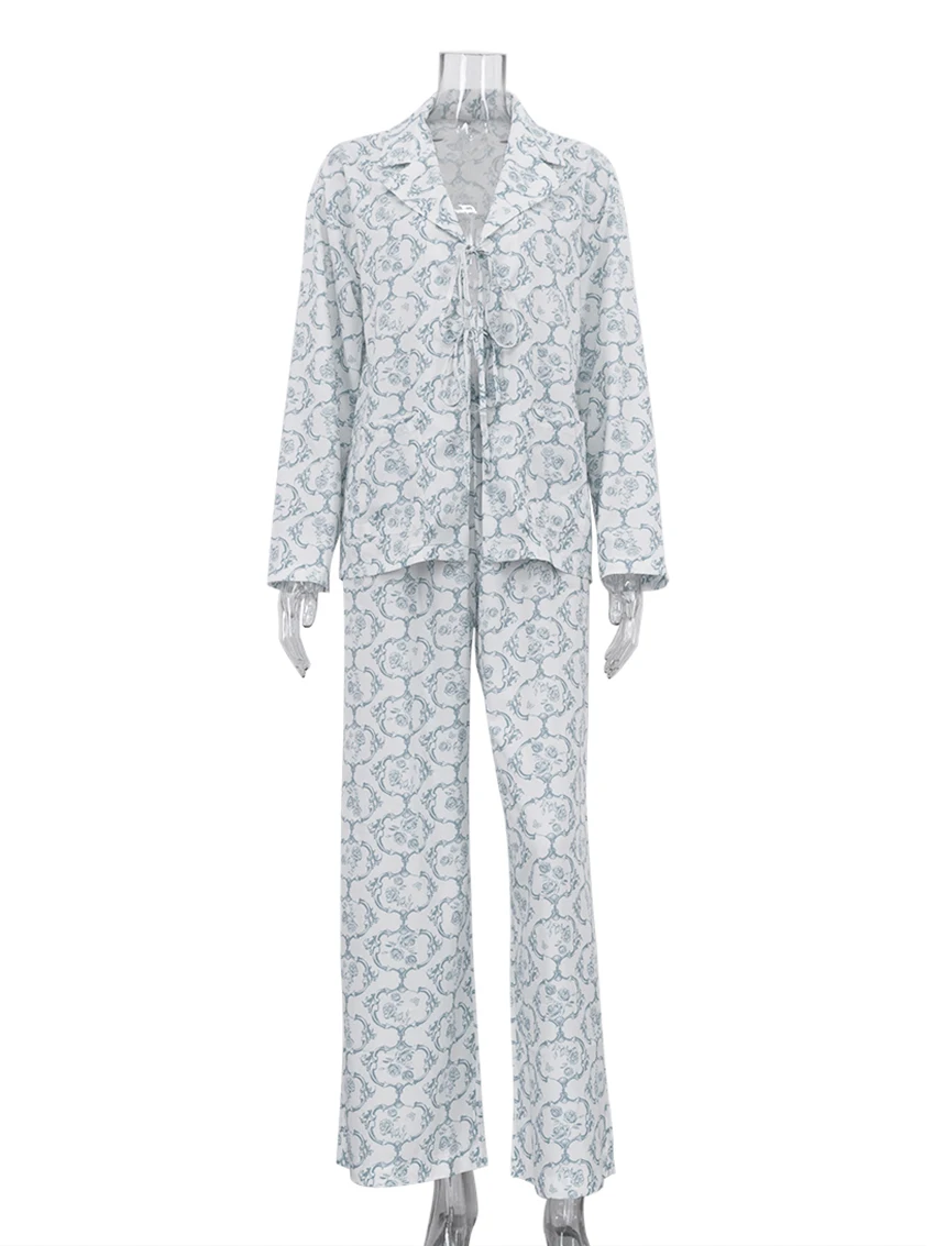 Marthaqiqi Winter Ladies Sleepwear Set Long Sleeve Nightgowns Turn-Down Collar Pajama Lace Up Nightwear Pants Femme Nightie Suit