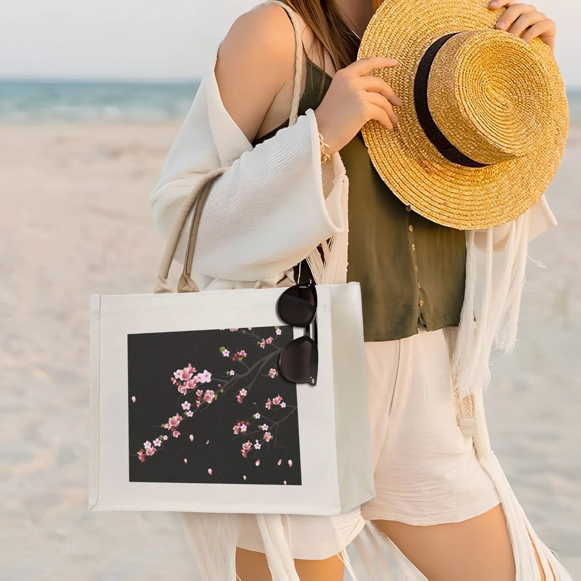 

Сумки для покупок с японским узором в виде цветов вишни, холщовая сумка-тоут, складная сумка-тоут для женщин, дорожная сумка через плечо