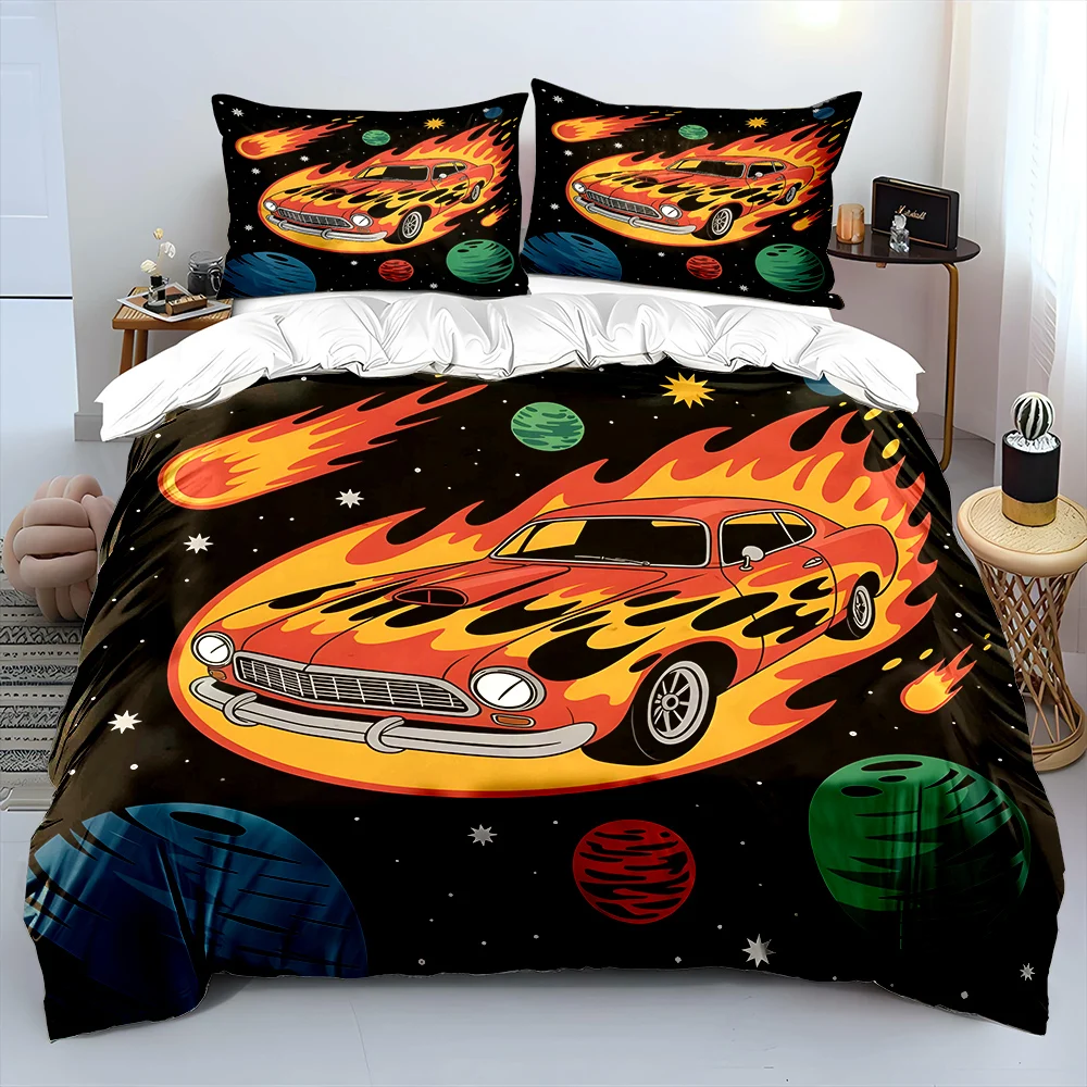 

Flaming car racing through space Bedding Set for Kids Luxury Gift 3pcs Digital Print Comforter Set Soft Comfortable Breathable