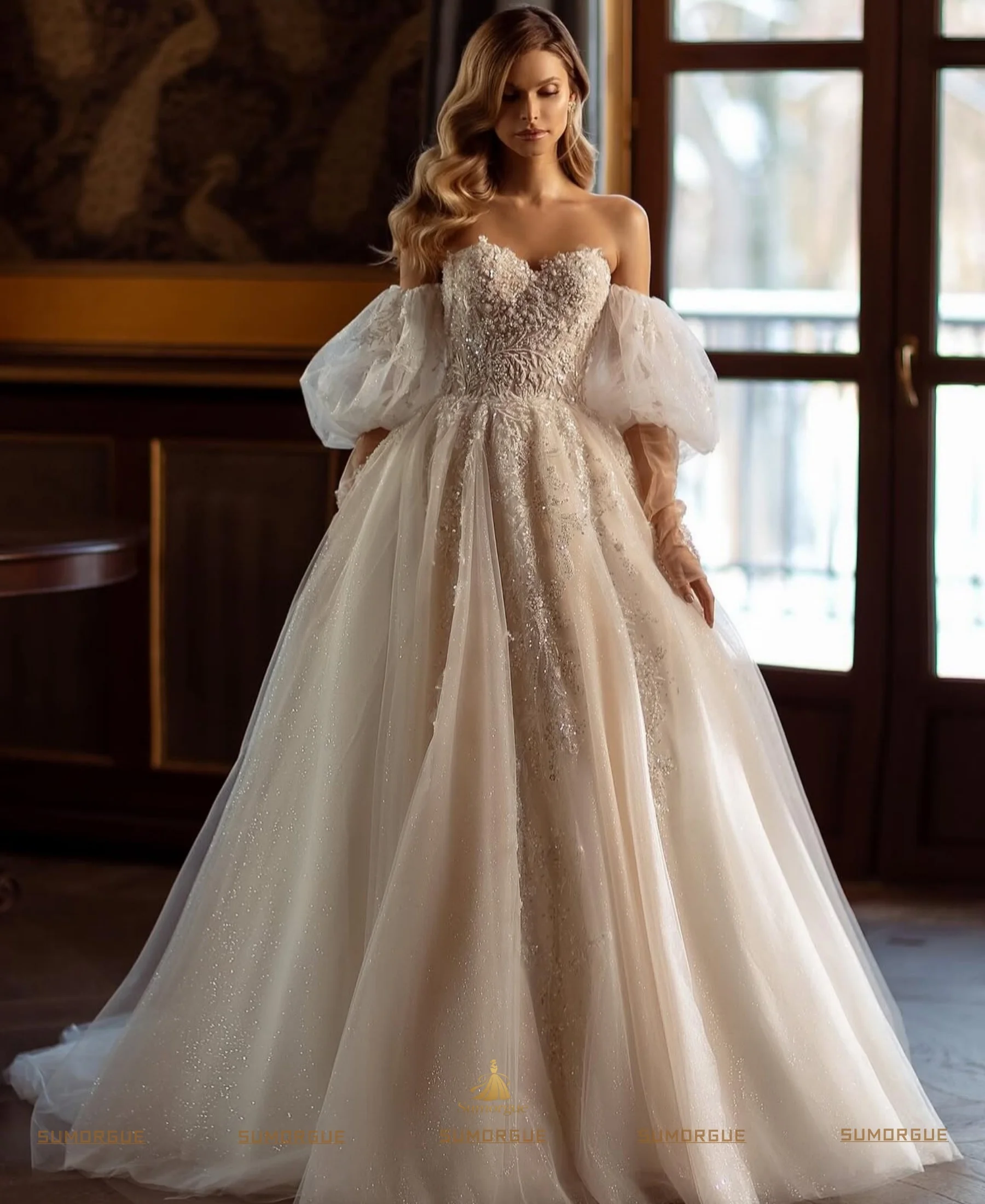 Luxury Lace Church Wedding Gowns For Women  Glitter Tulle Bride Corset Bridal Dresses High-end Customized Vestidos De Novia