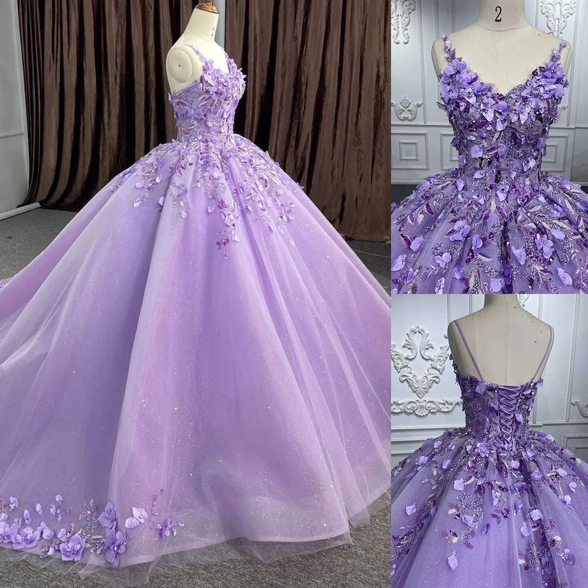 

Illusion V-Neck Women Quinceanera Dresses Sleeveless Spaghetti Strap Floral Beads Ball Gown Sweep Train Backless Bridal Gowns