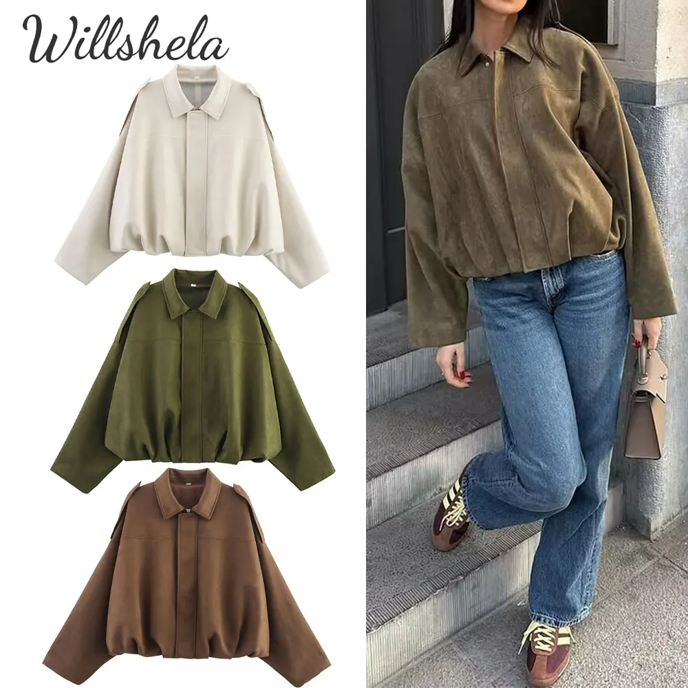 

Willshela женская модная разноцветная замшевая куртка-бомбер с воротником с лацканами, свободная женская шикарная повседневная одежда с длинными рукавами