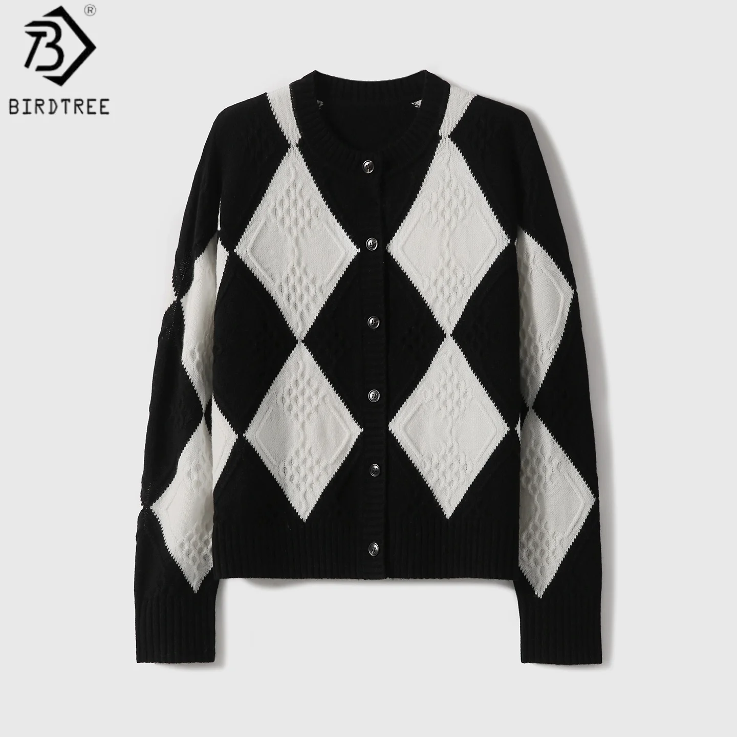 

Birdtree 90% Sheep Wool 10% Cashmere Knit Full Sleeve Coat,Woman Wool Blend O-neck Retro Contrast Diamond Grid Cardigan T58828JF