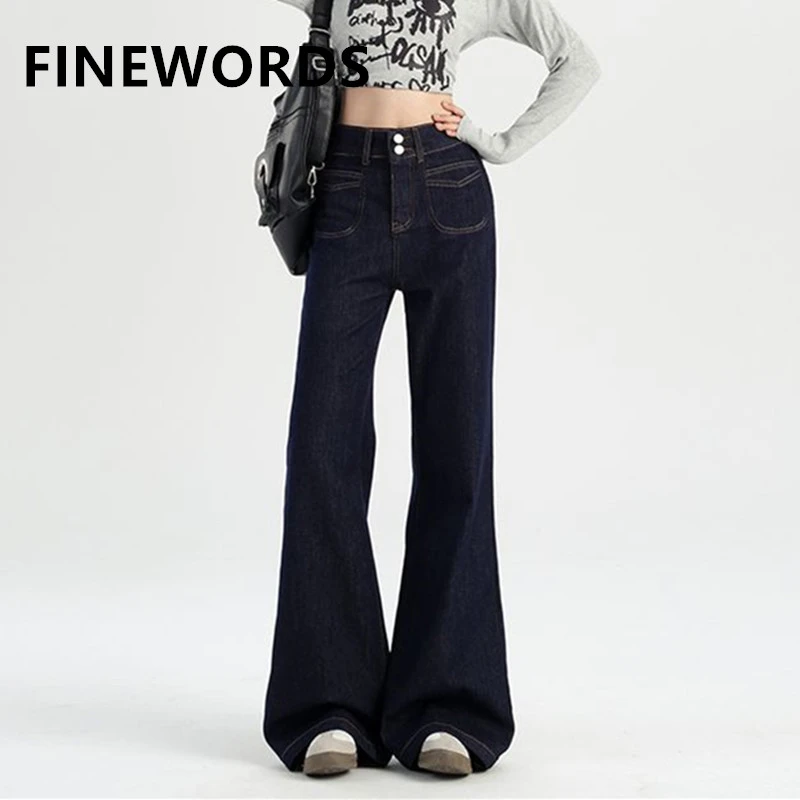

Джинсы FINEWORDS винтажные, с высокой талией, расклешенные, женские, повседневные, с широкими штанинами, легко сочетаемые, в корейском стиле, полной длины, свободные, синие джинсы из денима