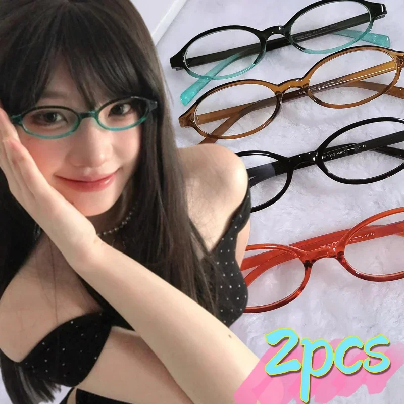 Women Retro Oval Glasses Y2K Girls Red Green Frame Glass Eyewear Decorative Computer Anti-blue Eyeglasses with Seaside Driving