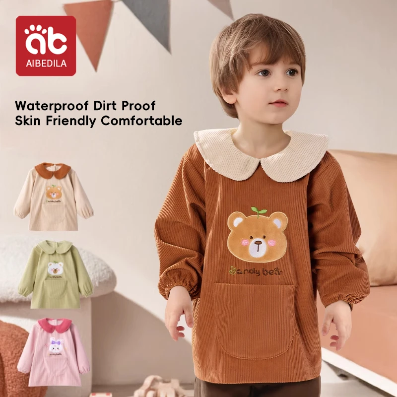 AIBEDILA Waterproof Long Sleeve Apron for Children Drawing Winter Warm Corduroy Feeding Bibs Pinafore With Pocket for Newborn