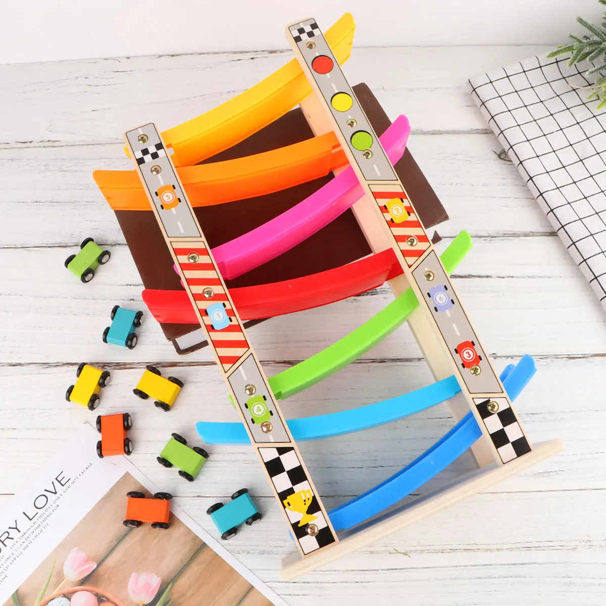 

1 Set Wooden Gliding Car Inertia Colorful Kids Race Track Block Educational Plaything Cartoon Pattern Ramp Ladder For Kid Wooden