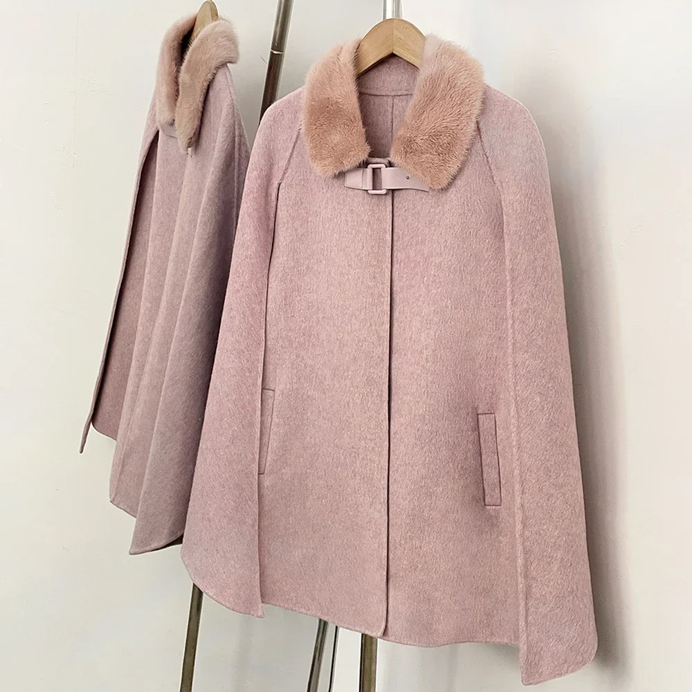OFTBUY Neue Winter-Kaschmirkleidung Damen-Oberbekleidung Cape-Mantel Wollmantel Echter Nerzpelzkragen Schnallenverschluss Vorne Mittellange Wolljacke – Detail 11