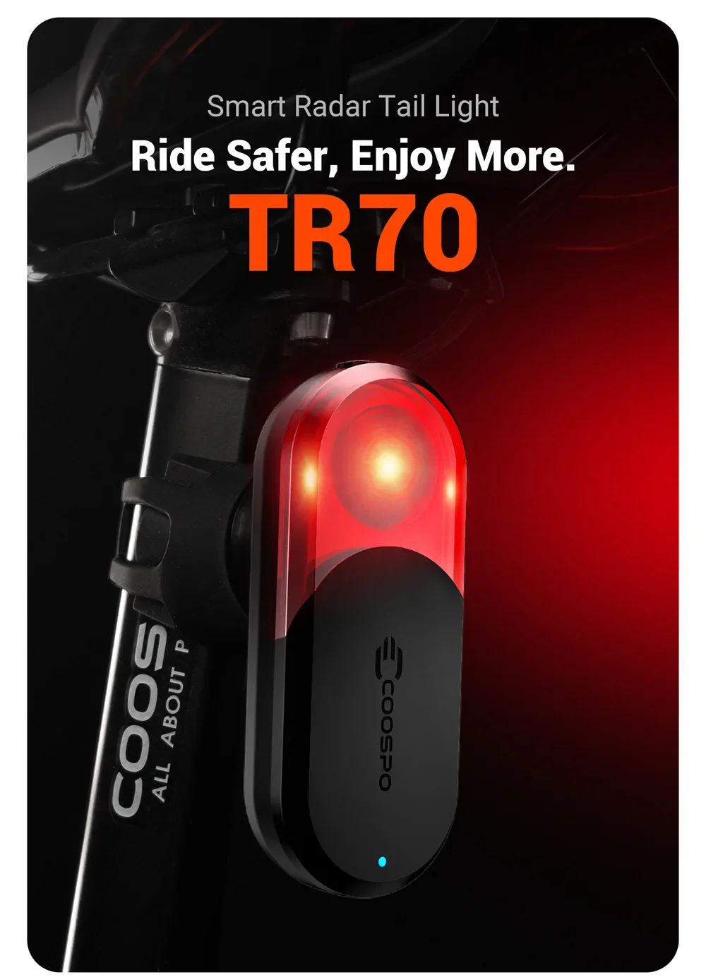 

COOSPO Radar Tail Light TR70 Smart Radar Tail Light with Brake Sensing High-Visibility Warning Light for Night Riding