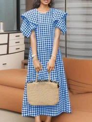 ZANZEA Elegant Women Plaid Midi Dress Korean Fashion Ruffle Short Sleeve Long Robe 2024 Summer Holiday Casual Female Vestidos