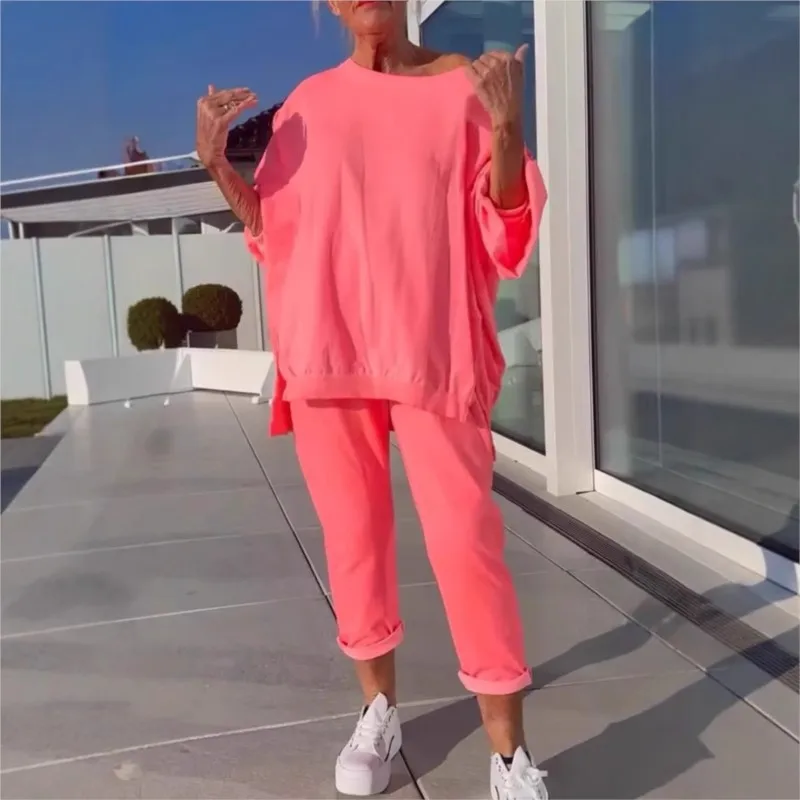 

Spring Autumn Oversize Women Sports Two piece Set New Fashion Solid Round Neck Long Sleeve Loose Top Pants Set For Women Outfits