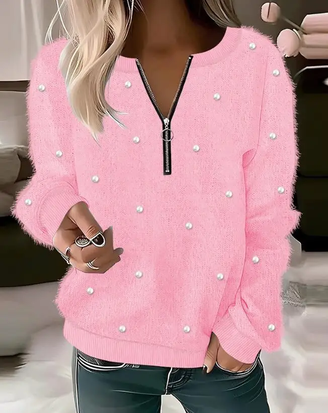 Zipper Design, Pearl Decoration, Fuzzy Top, New Fashion, Popular 2023 Women's Long Sleeved Round Neck