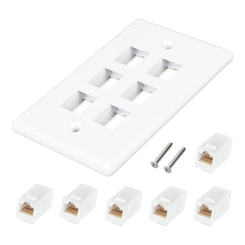 6-Port Ethernet Wall Plate,For Keystone Jack Wall Plate With RJ45 Keystone Inline Coupler Insert, Female To Female Cat6