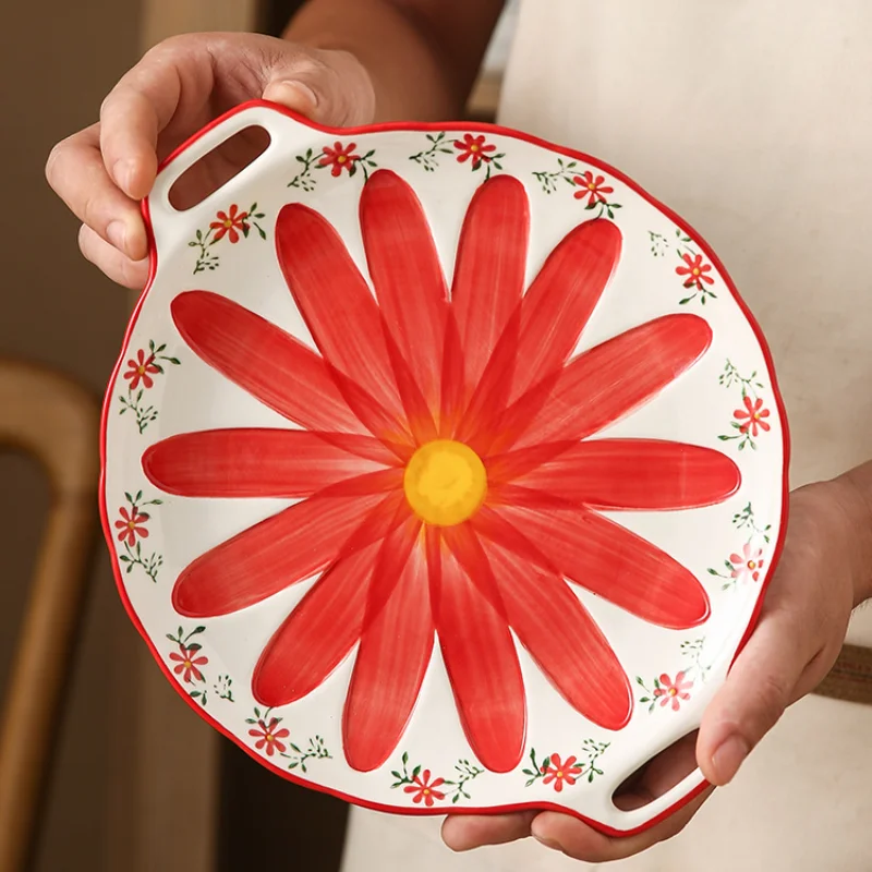 Hand Painted Flowers Ceramics Plate Dessert Tray Colorful Dinner Dishes Food Plate Kitchen Dinnerware Microwave Safe