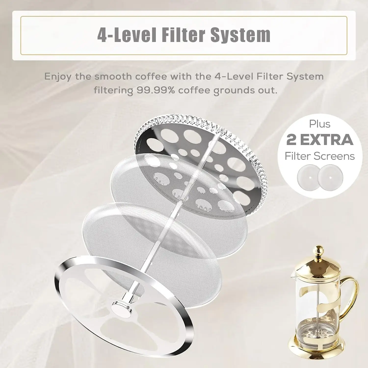 طقم ضغط فرنسي ذهبي مع 6 أكواب وصينية واحدة، طقم ماكينة صنع القهوة بتصميم فاخر مع نظام فلتر 4 مستويات، زجاج مقاوم للحرارة والبرودة