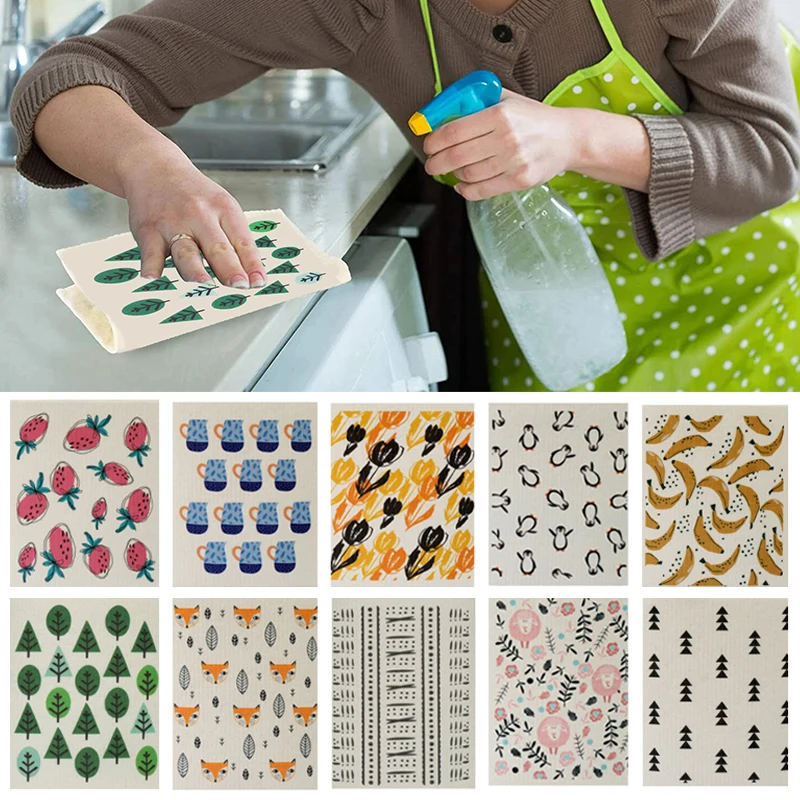 Cleaning Cloth Printed Absorbent Dishcloth Reusable Wet Dry Household Kitchen Rag Dishwashing Scouring Pad Cleaning Supplies