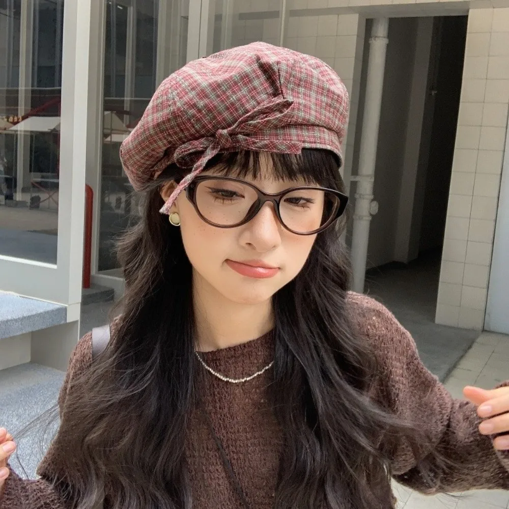 Artistic Bow Plaid Beret Hat Korean Style Lattice Women Painter Hat Cloud Hat Keep Warm Women Octagonal Cap All-match