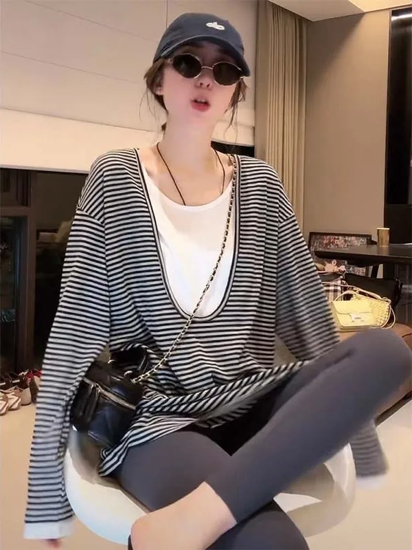 

Korean Style Fashionable Striped Long Sleeve T-Shirt Women's Base Layer Shirt Spring 2025 New Design Loose Fit round Neck