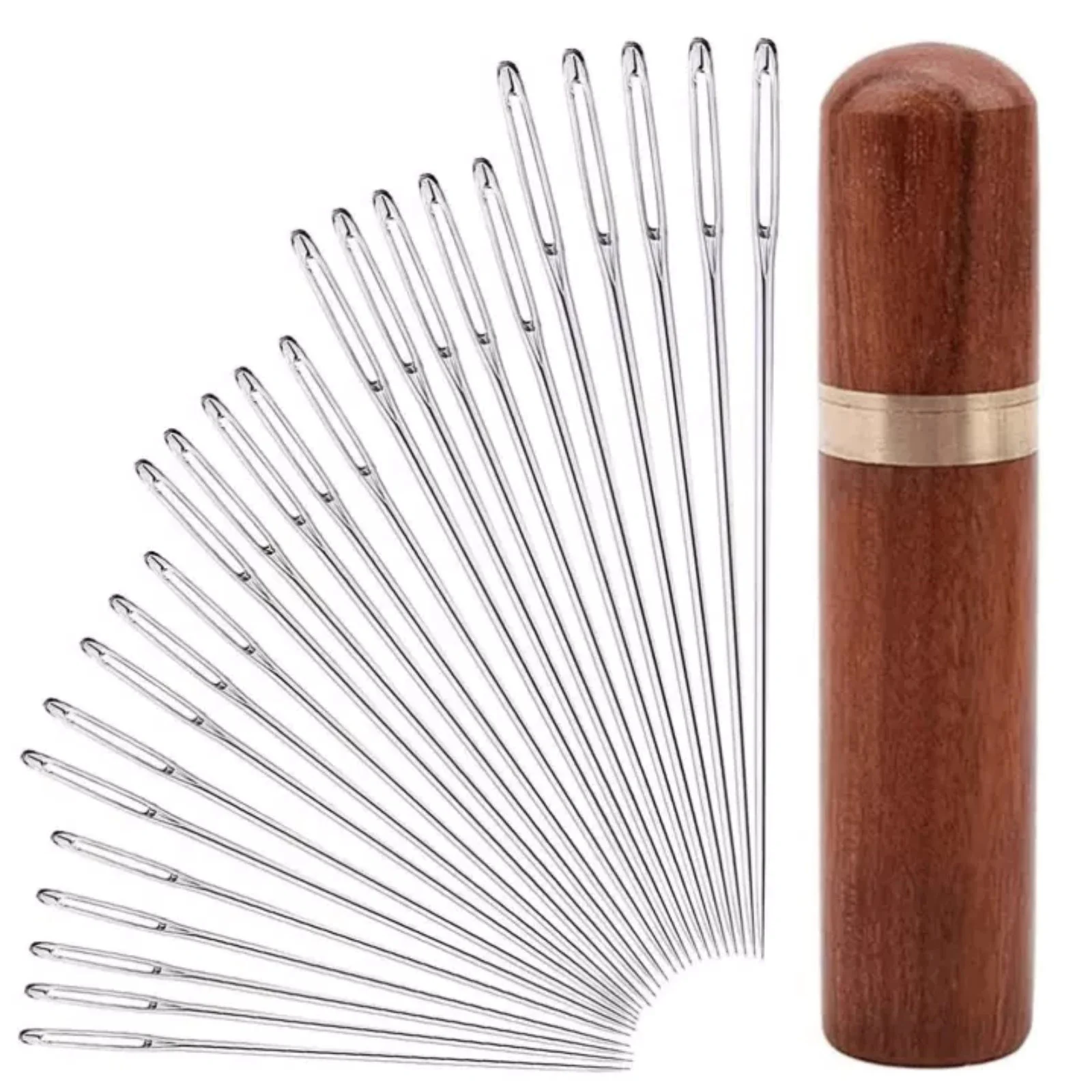25pcs Leather Crafts Big Eye Needles Fabric Cross Stitch Knitting Needles Manual For Embroidery Sewing Needles With Wood Case