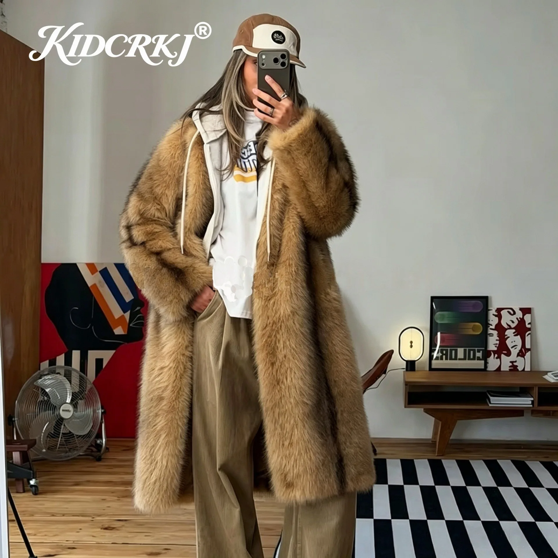 KIDCRKJ Winter Fluffy Furry Eco Fox Fur Jacket Girls Overcoat Outerwear Luxury Runway Fashion Striped  Women Long Faux Fur Coat