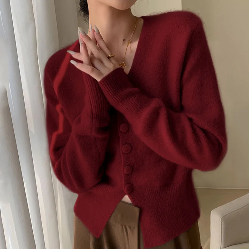 V-neck Short Knitted Cardigan Women Fall Winter Korean Casual Long Sleeve Sweater Outerwear 4 Colors