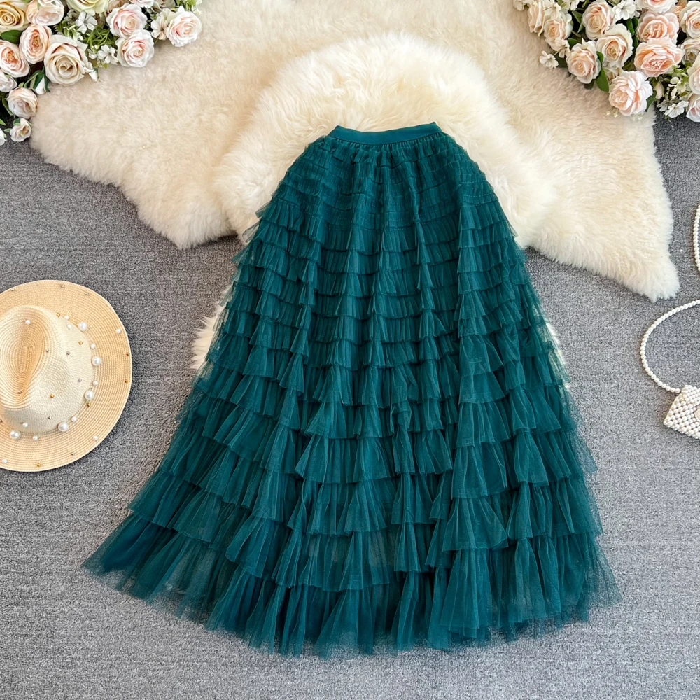 

New Spring Summer Women High Waist Slim Long Skirt Korean Fashion Sweet Multilayered Ruffles Cake Hem Mesh Skirt Multiple Colors