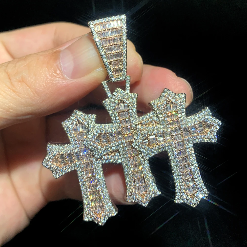 2024 Iced Out Bling Cz Cubic Zirconia Paved 3pcs Cross Set Pendant Necklace Link Chain Luxury Hip Hop Jewelry for Gift