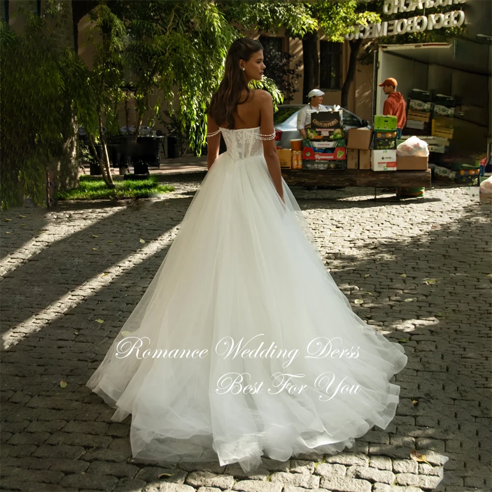 Modern Pleat Lace A-Line Wedding Dress Appliques Boat-Neck Off The Shoulder Open Back Bridal Gown Vestidos De Novia Customized