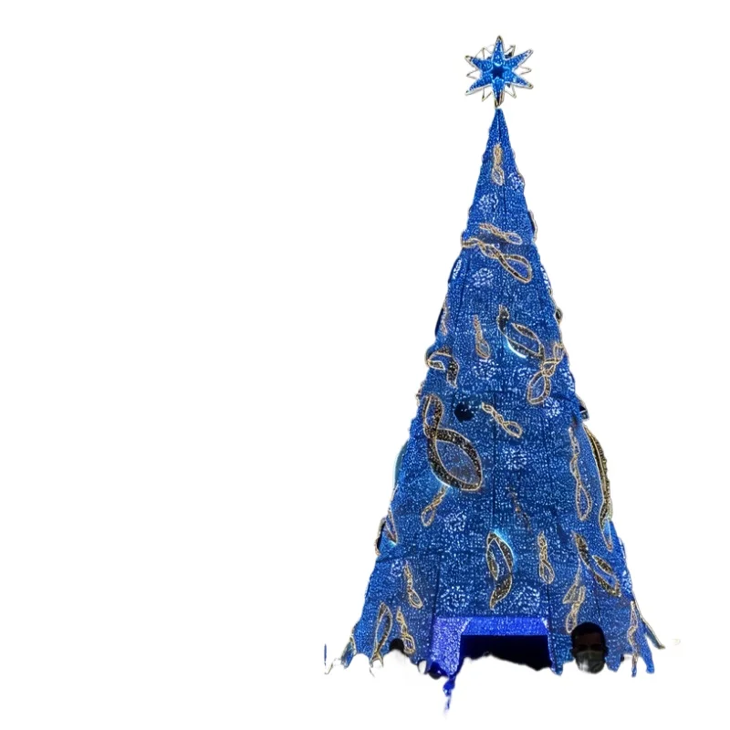 Large wrought iron luminous Christmas tree, outdoor lighting installation in shopping malls, holiday scene decoration