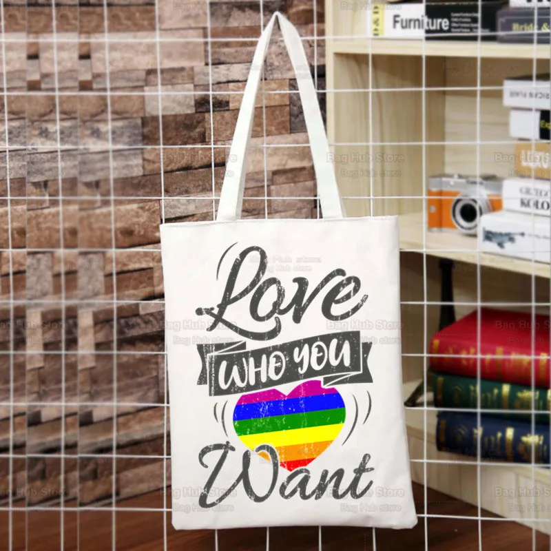 Saco de lona com lgbt para mulheres, bolsa de ombro, arco-íris, orgulho, gay, bissexuais, compras, engraçado