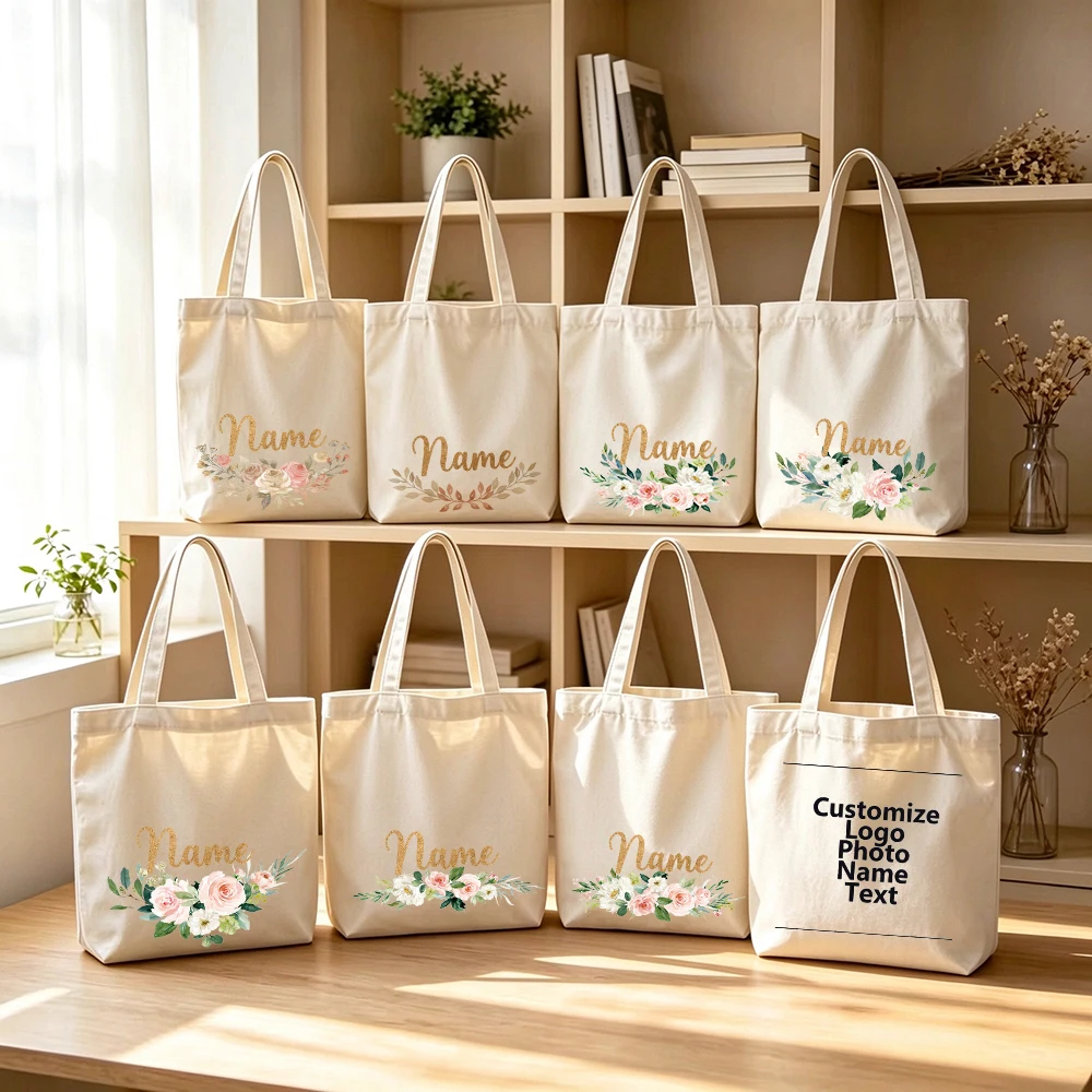 Personalized Watercolor Flowers Canvas Tote Bags Custom Handwritten Name Floral Grocery Shopping Bag for Women Bridesmaids Gifts