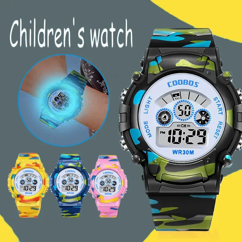 Camouflage Leuchtende Kinderuhr Edelstahl Anti-Fall Anti-seismische Wasserdichte Outdoor-Sportuhr Kinderuhren Mädchen