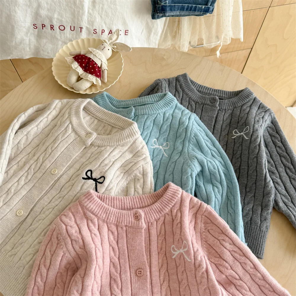 

Sweet Baby Girls Knitted Cardigan Coat 2025 Autumn Kids Solid Bow Embroidery Single Breasted Sweater Jacket Children's Clothing