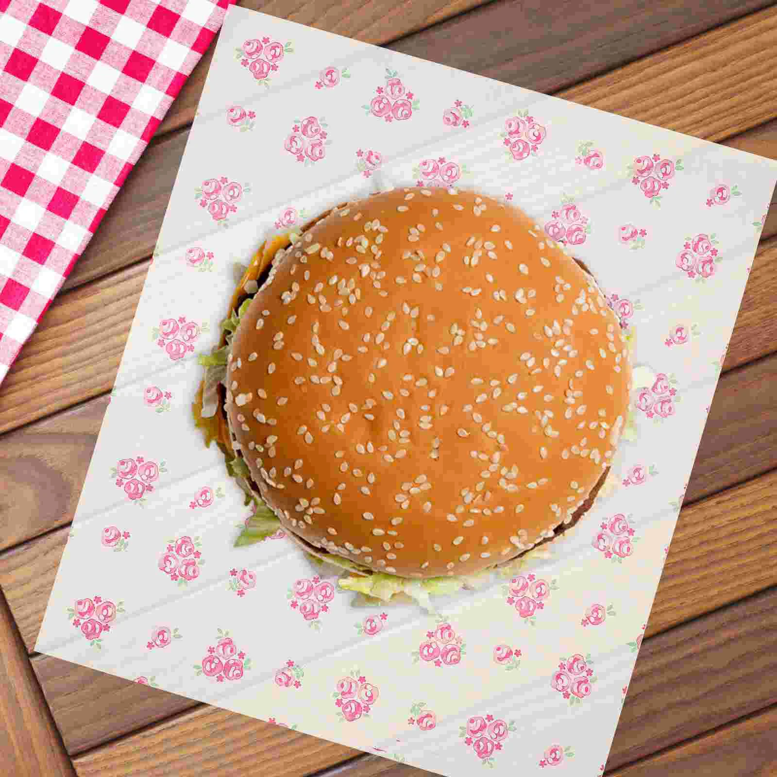 50 Pcs Sandwich Greaseproof Paper Food Wrapping Baking Picnic Wraps for Sandwiches Rose Prints Hamburgers