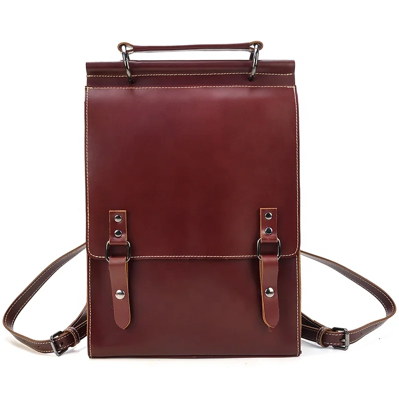 

High Quality Vintage Red Brown Backpack Unisex Genuine Leather School Bag For Outdoor