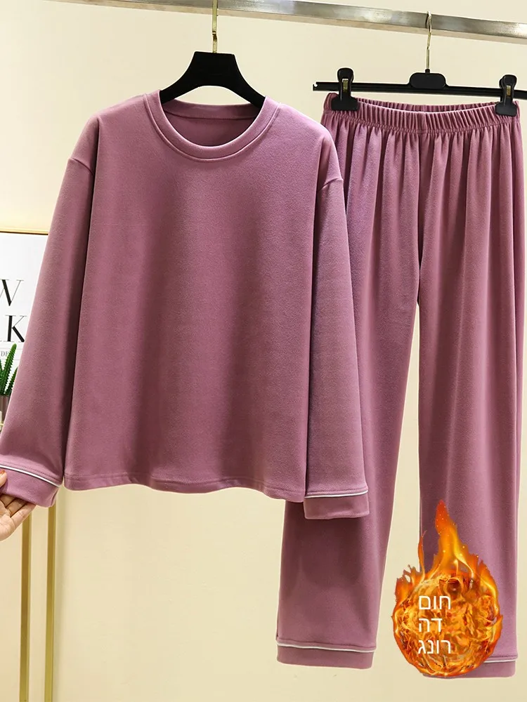 

Thickened Winter Sleepwear Set Women's Long Sleeve round Neck Home Clothes Casual plus Size Color Fleece Lined Two Piec...