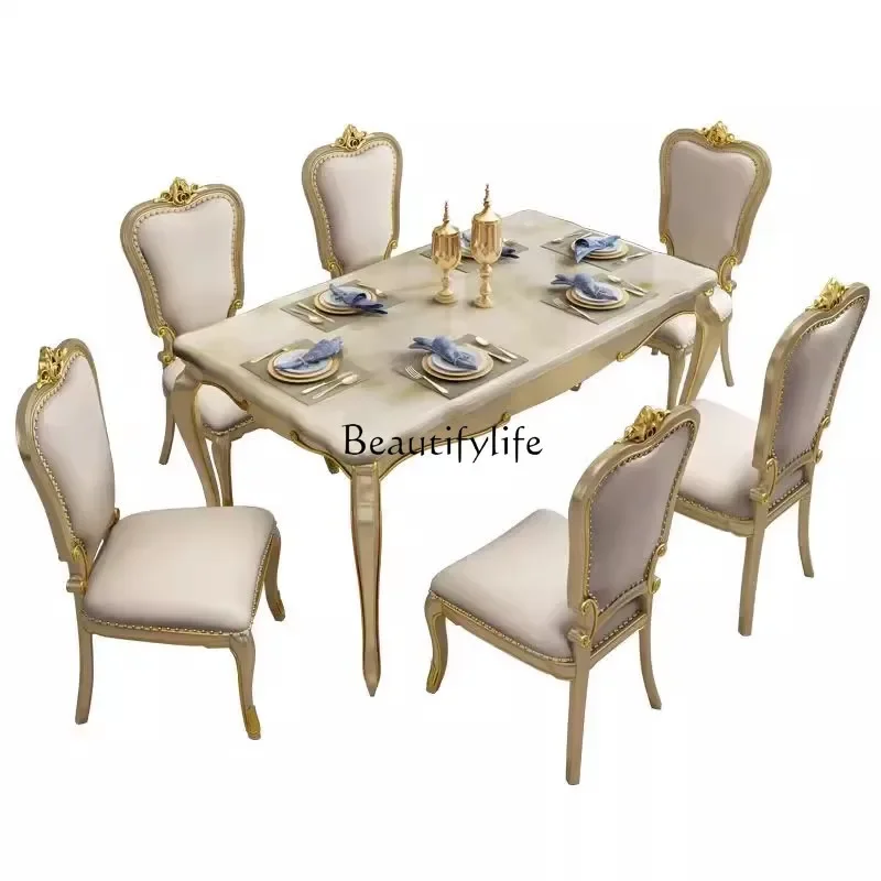 American light luxury solid wood dining table and chair combination European rectangular marble dining table