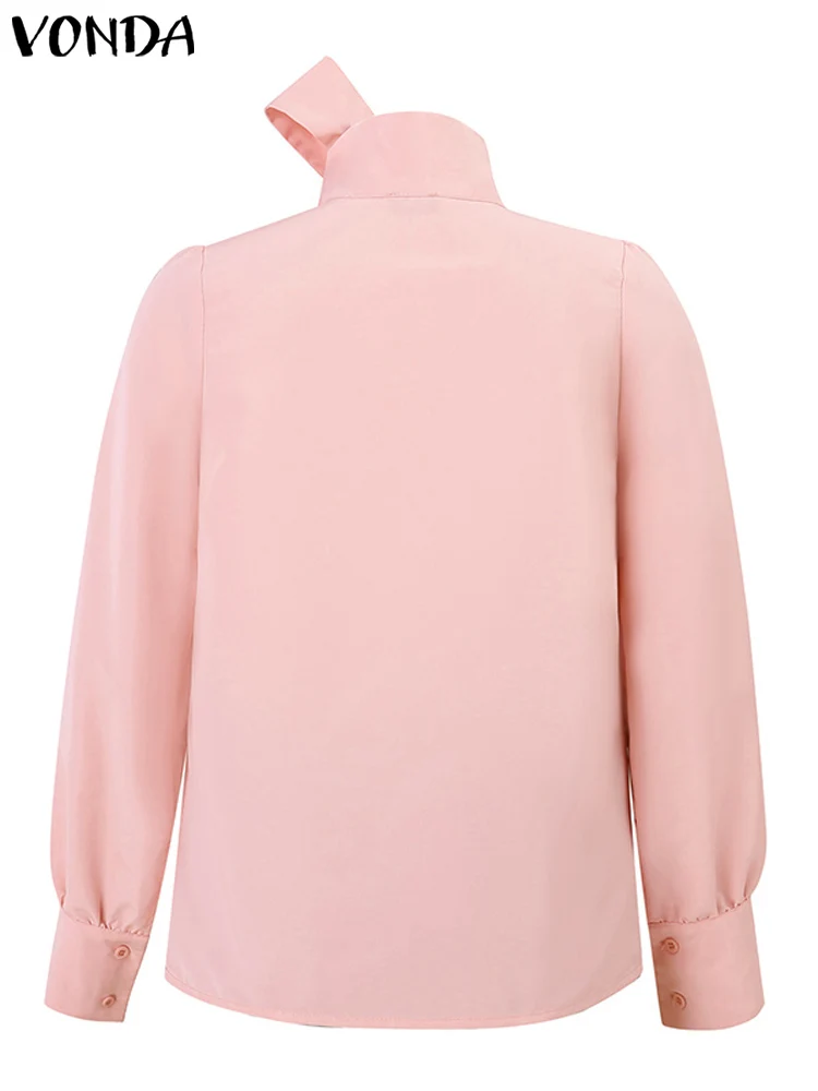 VONDA Women Elegant Blouses Streetwear Tops Solid Color Casual Necktie Bow Collar Shirts 2024 Long Sleeve Oversized Tunic Blusas