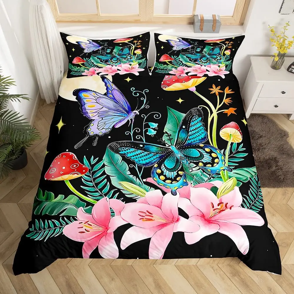 

Glitter Starry Sky Galaxy Duvet Cover Mushroom Butterfly Quilt Cover Microfiber Star Moon Palm Leaves Flowers Queen Bedding Set
