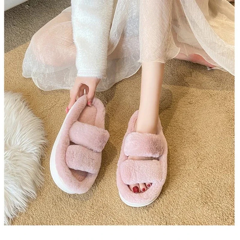 Winter Women Fur Slippers Fluffy Cute Plush Ladies Flip Flops Luxury Charming Home Outdoor Non-Slip Wear-Resistant Flat Sandals