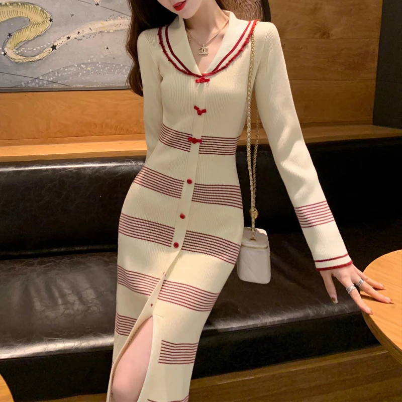 2024 Spring Autumn Women Fashion Striped Elegant Bodycon Ribbed Knitted Dresses Sexy Split Sweet Bow Chic Long Sleeve Midi Dress