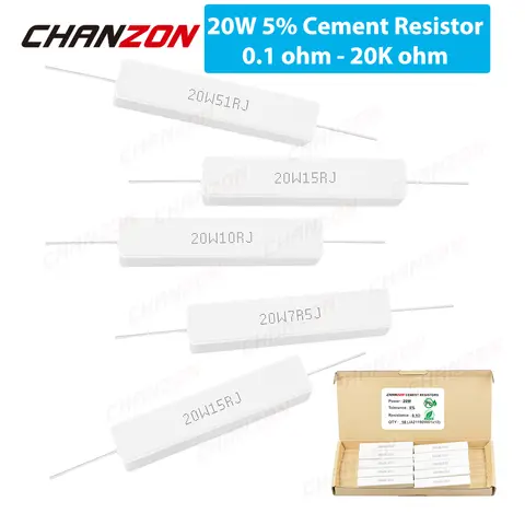 5% 시멘트 권선 저항기, 유도 고정 와이어 권선 세라믹 저항 0.33, 0.1 - 20K Ohm, 20W, 1 2.5 10 15 2R2, 10 개