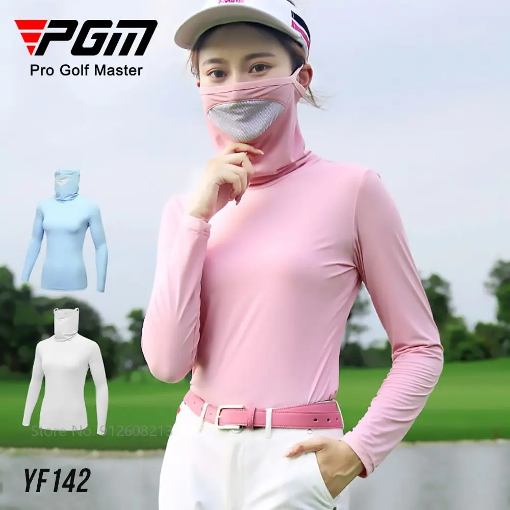 PGM Summer Sunscreen Shirt for Women Breathable Golf T-shirts Cooling Ice Silk Tops with Mask Female Long Sleeve Anti-UV Clothes