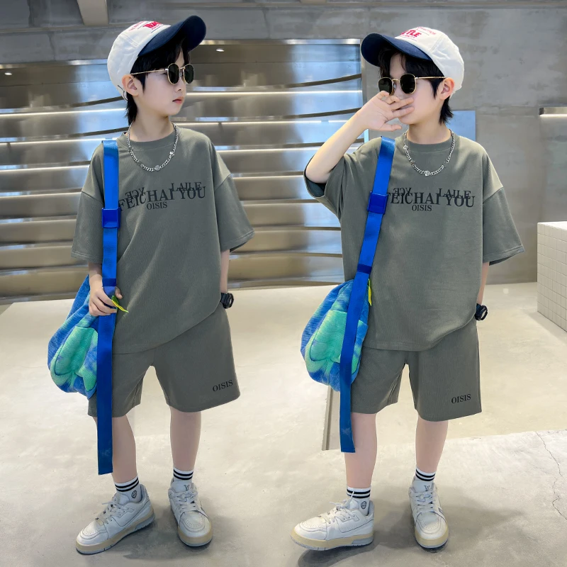 Hot Sale Kids Summer Clothing Set with Letter Print for Tweens Boy New Casual Cotton Clothes Suit T-shirt Shorts 2 Pcs Tracksuit