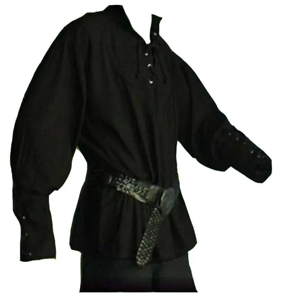 Vêtements Renaissance médiévale pour hommes, chemise à col montant, chemises rétro épissées pour hommes, cosplay solide, Halloween, 7.5 ate