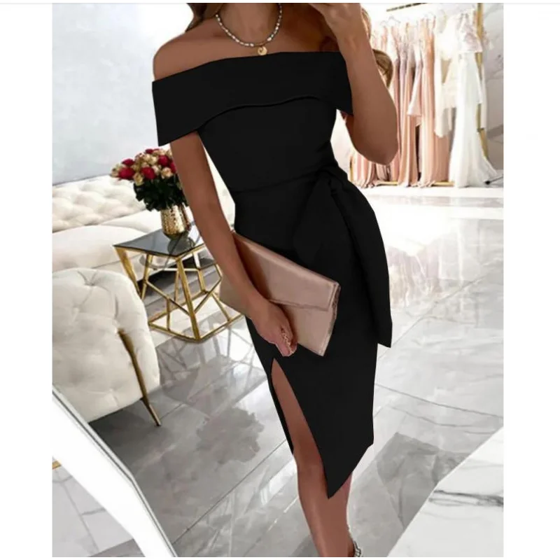 فستان صيفي أوروبي وأمريكي بياقة ربطة عنق وحزام عادي