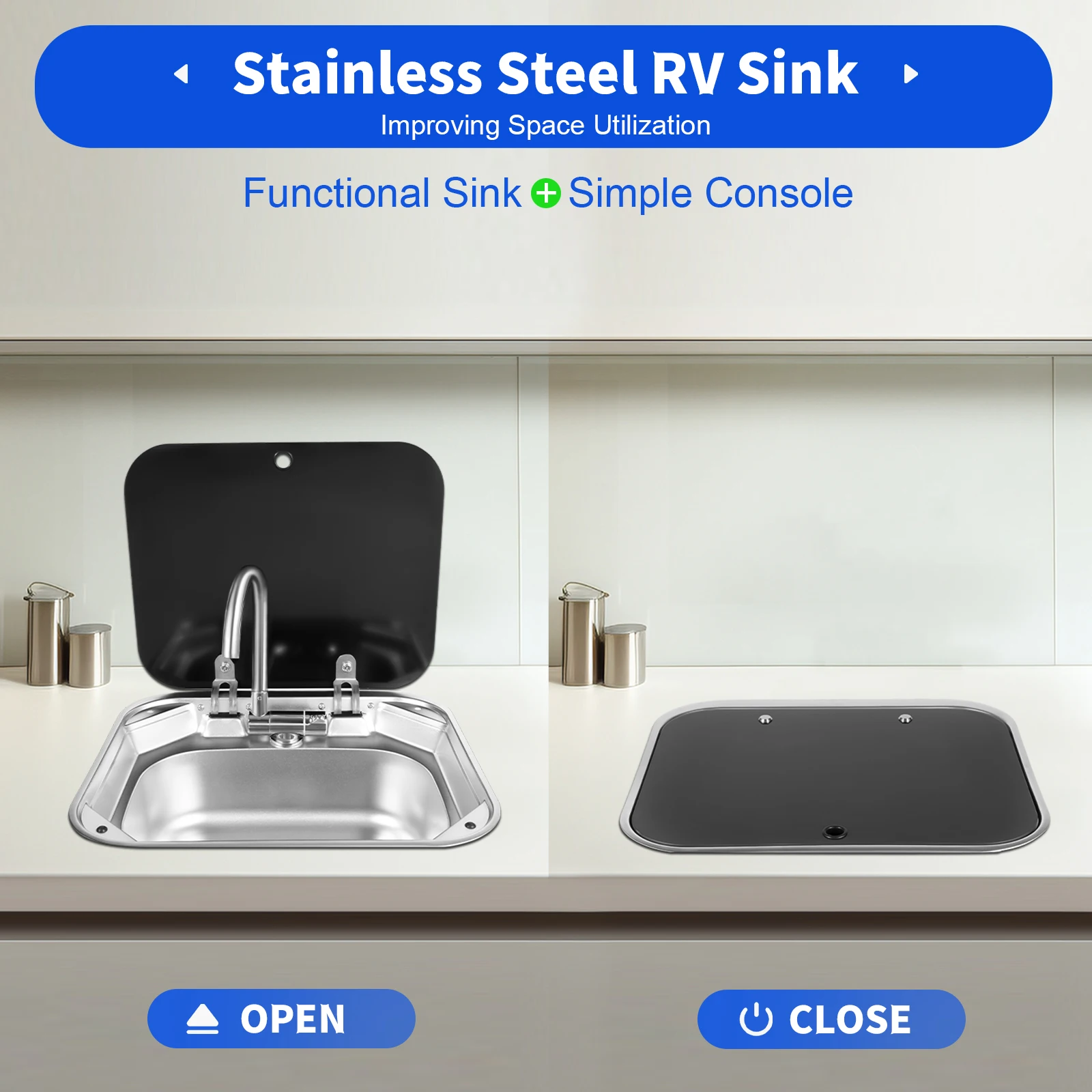 RV Kitchen Sink Stainless Steel Caravan Camper Hand Wash Folding Square Outdoor Basin Sink with Lid & Faucet Outdoor Camping